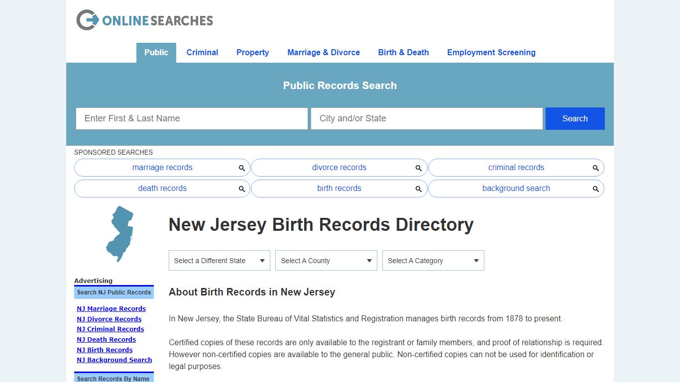 New Jersey Birth Records Search Directory - OnlineSearches.com